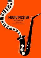 Music poster design template background decorative with saxophone and piano keyboard - obrazy, fototapety, plakaty