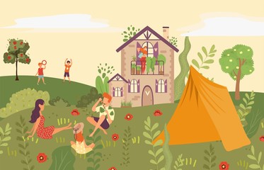 People in garden, picnic in backyard of country house, outside in summer nature with kids and tent flat vector illustration. Family with children playing in garden, on grass leisure activity.