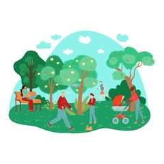 City summer park people outdoor working, walking doing sport, trees, benches on grass composition flat vector illustration. Urban park in summertime with peoples recreation in nature.