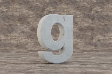 Concrete 3d letter G lowercase. Hard stone letter on wooden background. Concrete alphabet with imperfections. 3d rendered font character.
