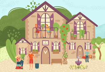 Fototapeta premium Hotel bed and breakfast for travel vacation and tourism, tourists with luggage make reservation in hostel flat vector illustration. Appartaments with bed and breakfast, rooms for travellers.