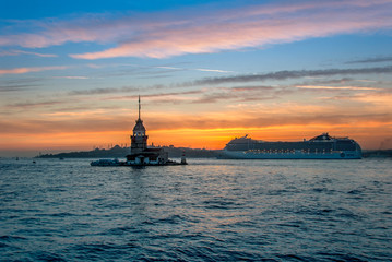 Istanbul, Turkey, 29 October 2008: Sunrise, Maiden's Tower, Tourist Cruise Ship