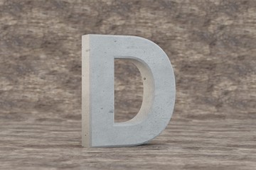 Concrete 3d letter D uppercase. Hard stone letter on wooden background. Concrete alphabet with imperfections. 3d rendered font character.