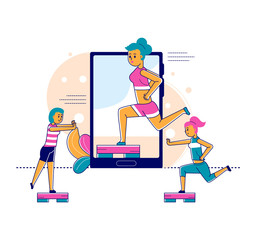 Online sport and fitness self-isolation online trainer web technology and people concept line vector illustration. Tablet, computer or mobile phone and sport trainer online works out on exercise gym.