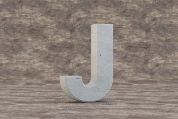 Concrete 3d letter J uppercase. Hard stone letter on wooden background. Concrete alphabet with imperfections. 3d rendered font character.