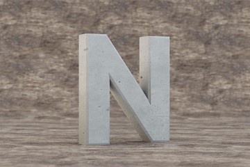Concrete 3d letter N uppercase. Hard stone letter on wooden background. Concrete alphabet with imperfections. 3d rendered font character.