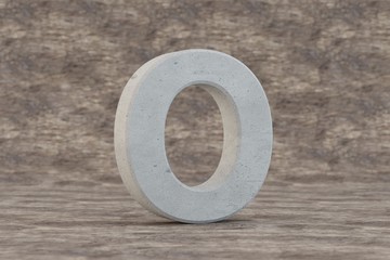 Concrete 3d letter O uppercase. Hard stone letter on wooden background. Concrete alphabet with imperfections. 3d rendered font character.