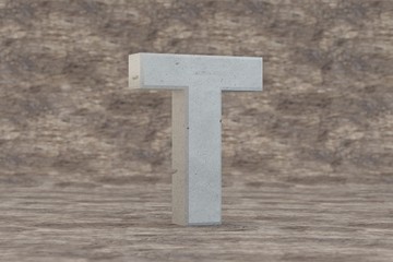 Concrete 3d letter T uppercase. Hard stone letter on wooden background. Concrete alphabet with imperfections. 3d rendered font character.