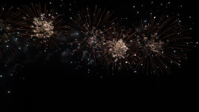 4K real abstract fireworks show on deep black night sky