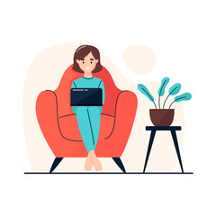 A woman sits in a chair and works on a laptop. Work at home. Home office. Freelance or studying concept. Vector illustration in flat style.