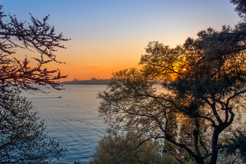 Istanbul, Turkey, 15 April 2006: Blue Mosque, Hagia Sophia Museum, Topkapi Palace, Historical Peninsula; Sunset