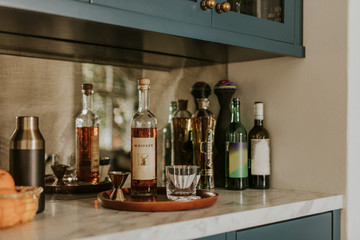Various liquors in a kitchen