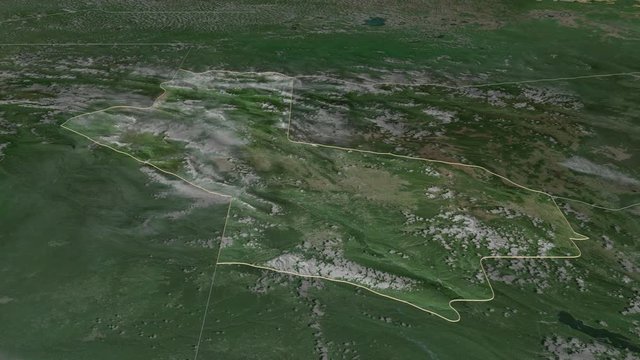 Hela, province with its capital, zoomed and extruded on the satellite map of Papua in the conformal Stereographic projection. Animation 3D