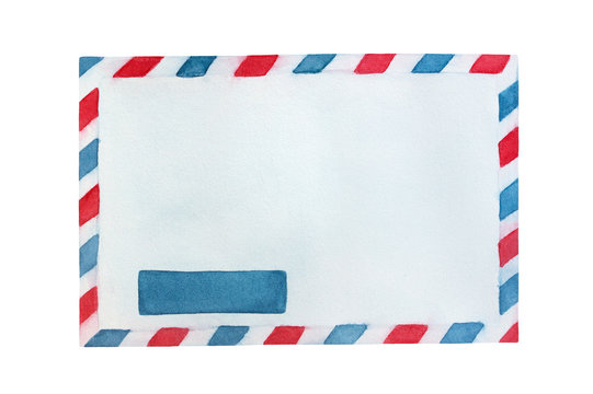 Water color illustration of white closed envelope with red and blue striped border. Hand painted watercolour sketchy drawing, cutout clip art element for creative design, banner, template, invitation.