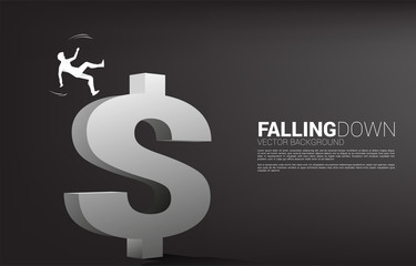 silhouette of businessman slip and falling down from dollar money icon. Concept for fail and accidental business