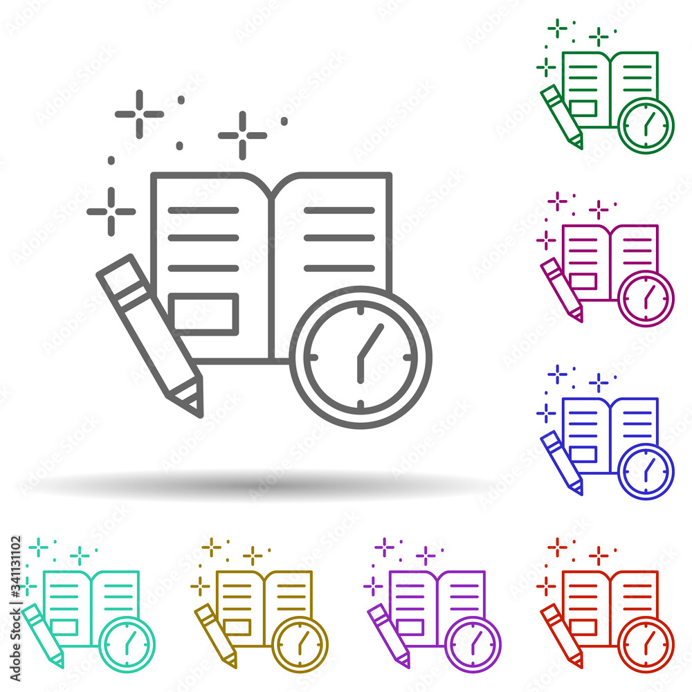 Poster clock pencil notebook multi color icon. simple thin line, outline vector of managment icons for ui a