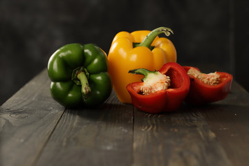 Red, yellow and green bell peppers, fresh farm bell peppers, crunchy and fresh bell peppers