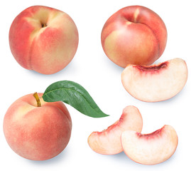 Collection of Peach fruit half with leaf isolated on white background, Fresh White Peach on White Background (With clipping path)