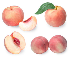 Collection of Peach fruit half with leaf isolated on white background, Fresh White Peach on White Background (With clipping path)
