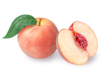 Peach fruit half with leaf isolated on white background, Fresh White Peach on White Background (With clipping path)