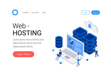 Data center and web hosting isometric concept.