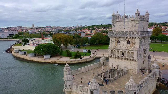 Flight around famous Belem Tower in Lisbon - aerial drone footage