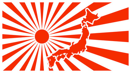 Fototapeta premium Japanese flag vector. Imperial Japanese Army Flag. Rising Sun symbol with japan map. silhouette country borders map of Japan on national flag background of vector illustration