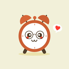 Cute and kawaii alarm clock character with face expression anda smile. Vector icon illustration for morning and waking up subjects, education, kids, school, students