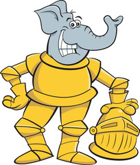 Cartoon illustration of a smiling elephant wearing a suit of armor.