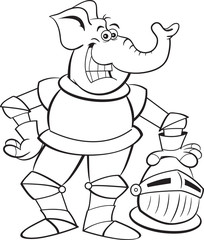 Black and white illustration of a smiling elephant wearing a suit of armor.