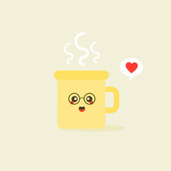 illustration of cup of coffee or tea cute smiling cartoon character isolated on color background. kawaii Yellow mug with smoke float up in flat style- cute dishes with hot beverage.