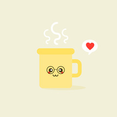 illustration of cup of coffee or tea cute smiling cartoon character isolated on color background. kawaii Yellow mug with smoke float up in flat style- cute dishes with hot beverage.