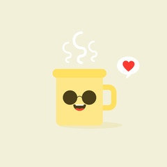 illustration of cup of coffee or tea cute smiling cartoon character isolated on color background. kawaii Yellow mug with smoke float up in flat style- cute dishes with hot beverage.