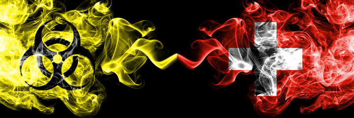 Quarantine in Switzerland, Swiss. Coronavirus COVID-19 lockdown. Smoky mystic flag of Switzerland, Swiss with biohazard symbol placed side by side.