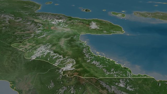 Morobe, province with its capital, zoomed and extruded on the satellite map of Papua in the conformal Stereographic projection. Animation 3D