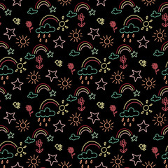 Seamless vector pattern with doodles clouds, rainbow, rain, sun