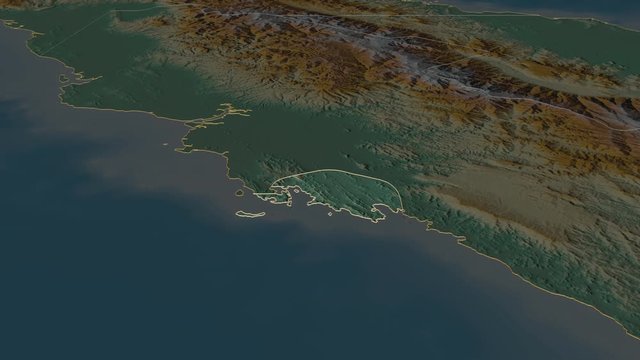 National Capital District, district with its capital, zoomed and extruded on the relief map of Papua in the conformal Stereographic projection. Animation 3D
