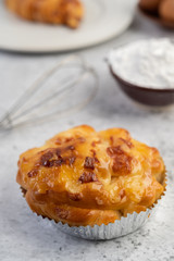 Cooked bread with ingredients Eggs and tapioca flour in a cup.