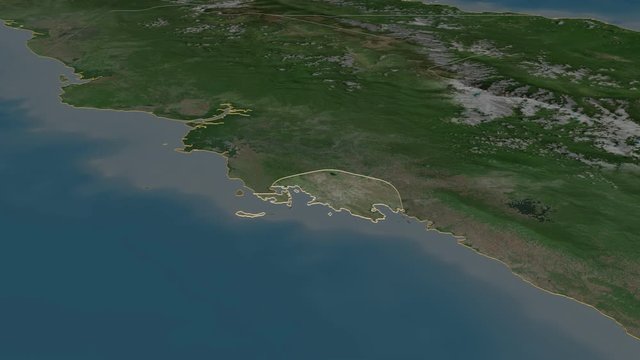 National Capital District, district with its capital, zoomed and extruded on the satellite map of Papua in the conformal Stereographic projection. Animation 3D