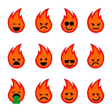 12 Fire Emoticon Vector. Emoticons Bonfire Vector Set. Emoji Cute Fire With Face. Cute Flame Emoji Colorfull Illustration. Bonfire, Flat Cartoon Style