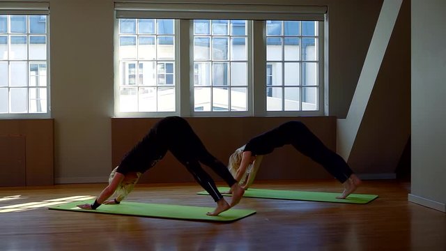 two barefoot women are dressed in black athletic clothing and are on gym mats. they stand in the dog-face-down position and raise their straight legs in turn. the camera is moving