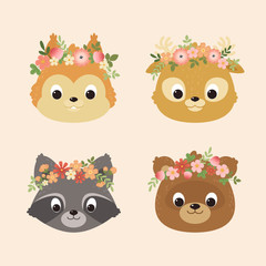 Cute animals portraits: a squirrel, deer, raccoon, bear. Cute characters design.
