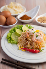 Pad Thai fresh shrimp in a white plate.