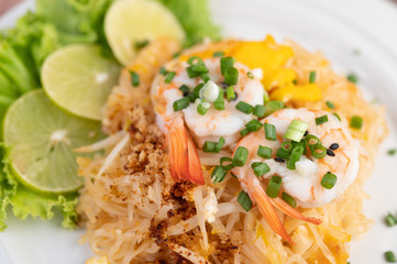 Pad Thai fresh shrimp in a white plate.