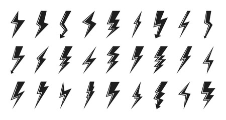 Clyph lightning bolt icon set. Electrical strike sign or energy symbol and thunder electricity. Template design logo voltage and power fast speed. Flash emblem shiny shock Isolated vector illustration