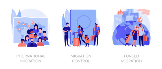Population displacement, refugees metaphors. Forced and international migration, asylum seekers, emigrants control. National borders crossing abstract concept vector illustration set.