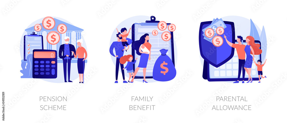 Wall mural social security payments metaphors. family tax benefit, pension scheme, parental allowance. money su