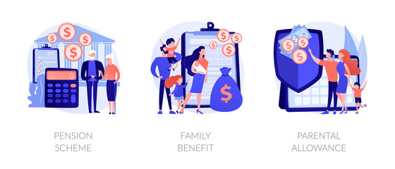 Social security payments metaphors. Family tax benefit, pension scheme, parental allowance. Money support for raising children, insurance abstract concept vector illustration set.
