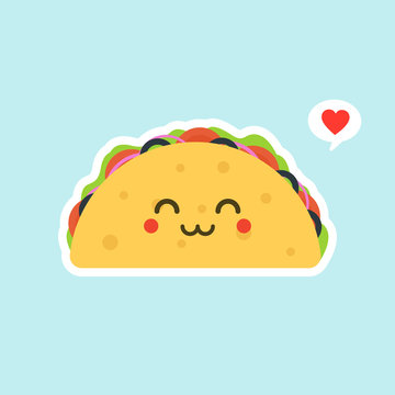 Funny Cartoon Character. Happy Taco. Colorful Vector Illustration.  kawaii and cute Tacos  Mexican food kids menu, card concept