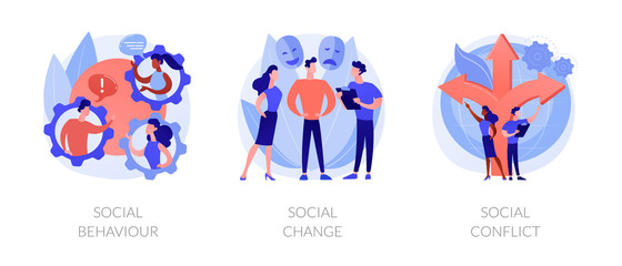 Fototapeta premium People interaction and communication metaphors. Social behaviour, change and conflict. Arguments, norms in society. Personality influence abstract concept vector illustration set.